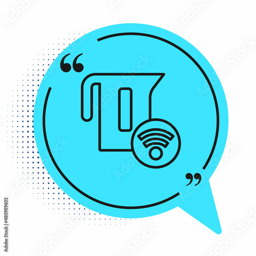 Black line Smart electric kettle system icon isolated on white background. Teapot icon. Internet of things concept with wireless connection. Blue speech bubble symbol. Vector