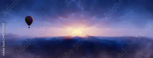 Hot Air Balloon flying over Dramatic Cloudscape. Dream and Fantasy Artwork. Sunset or Sunrise Colorful Sky. 3d Rendering