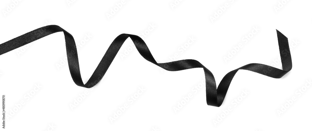 Elegant black ribbon isolated on white, top view Elegant black ribbon isolated on white, top view