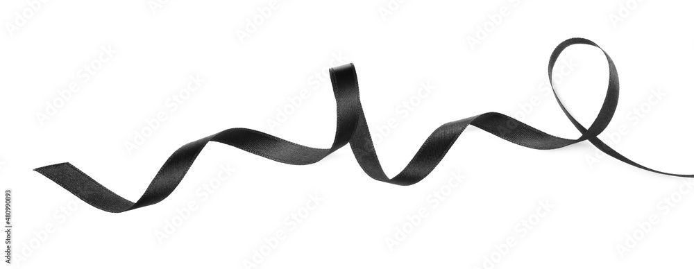 Elegant black ribbon isolated on white, top view Elegant black ribbon isolated on white, top view