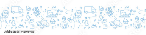 Mobile app courier delivering online shop order seamless pattern.