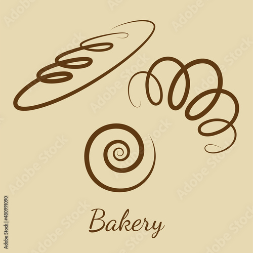 Vector set of pastries, brown on a beige background. For cafes, restaurants, menus. Whole grain bread, croissant, bun.