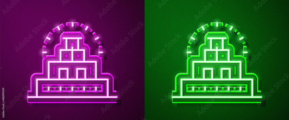 Glowing neon line Chichen Itza in Mayan icon isolated on purple and green background. Ancient Mayan pyramid. Famous monument of Mexico. Vector