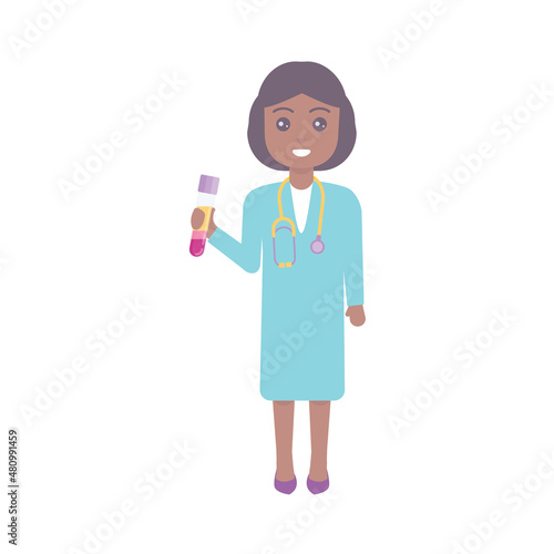Female doctor holding test tube with centrifuged blood. Scientist with blood sample. Science and health care concept. Vector illustration.
