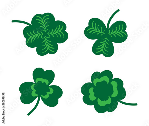 Clover leaf vector icons set. The sign of fortune and luck for irish st patricks day celebration. Shamrock symbol with three and four leaves