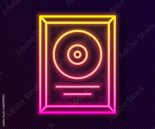 Glowing neon line CD disk award in frame icon isolated on black background. Modern ceremony. Best seller. Musical trophy. Vector