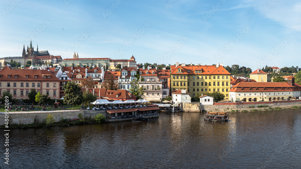 Panorama of Prague houses on the Vltava river