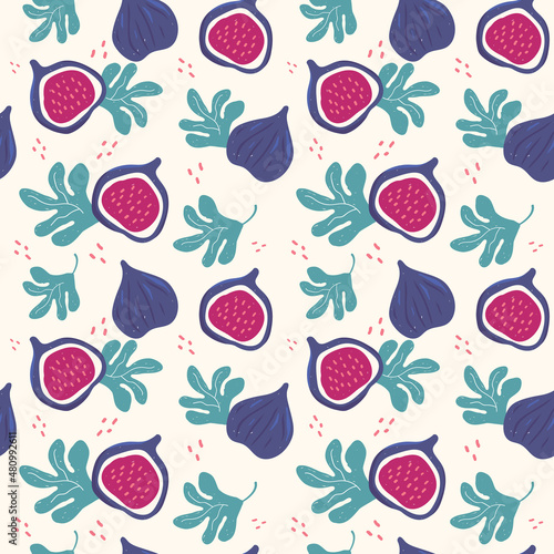 Seamless modern pattern with tropical fruit fig in hand drawn style. Vector summer pattern in purple