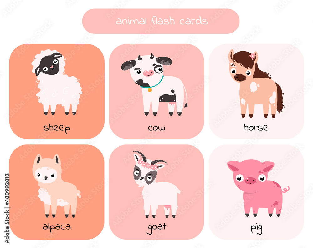Obraz premium Animal cards for preschool children: cow, horse, pig, alpaca, goat, sheep. Vector illustration
