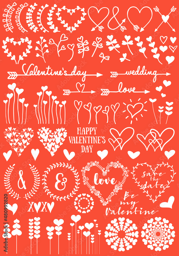 White floral heart designs for Valentines day, wedding, vector set