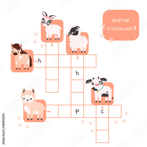 Crossword with animals for preschool children: cow, horse, alpaca, goat, sheep. Vector illustration