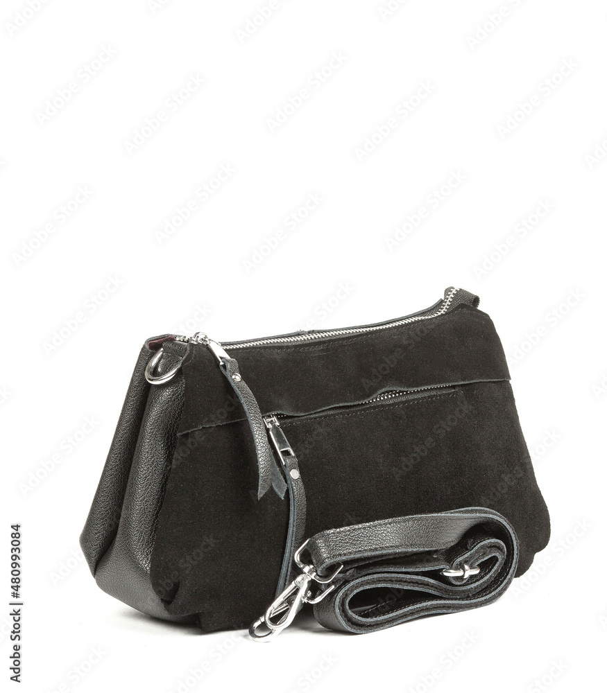 Naklejka premium Classic fashion black suede leather women's bag on a white background