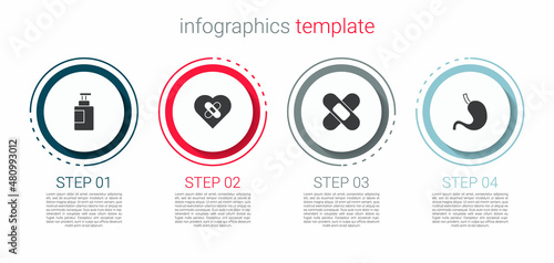Set Hand sanitizer bottle, Healed broken heart, Crossed bandage plaster and Human stomach. Business infographic template. Vector