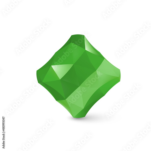 Low Poly Cubical Object, Geometric Wireframe Shape, or Green Crystal Polyhedron with Shadow Effect on White Background
