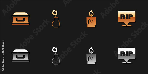 Set Coffin with cross, Flower vase, Burning candle and Speech bubble rip death icon. Vector