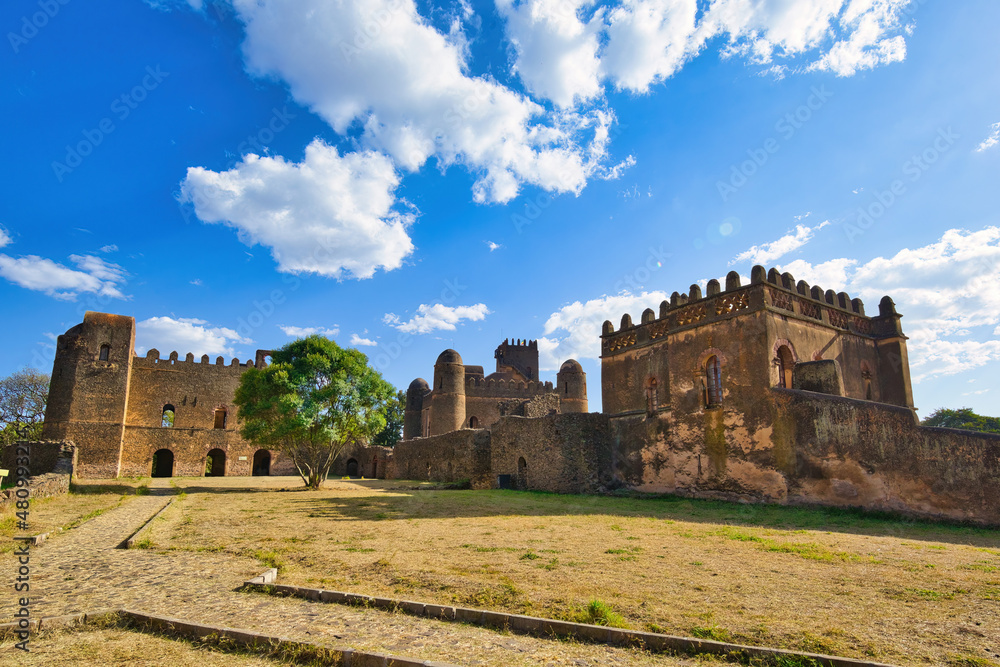 Ruins of the famous african castle Fasil Ghebbi, Royal fortress-city in Gondar, Ethiopia.