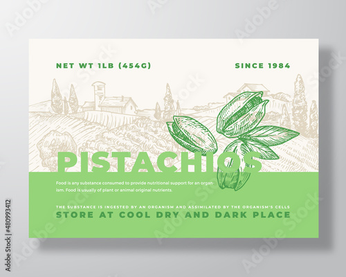 Fresh Local Pistachios Food Label Template. Abstract Vector Packaging Design Layout. Modern Typography Banner with Hand Drawn Nuts and Rural Landscape Background. Isolated