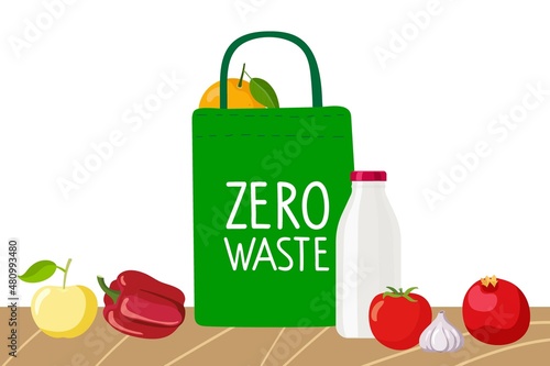 Zero waste. Green textile reusable shopping bag full food and fruits, vegetables on wooden table. Environmentally biodegradable textile bag. Colored flat cartoon vector illustration isolated.