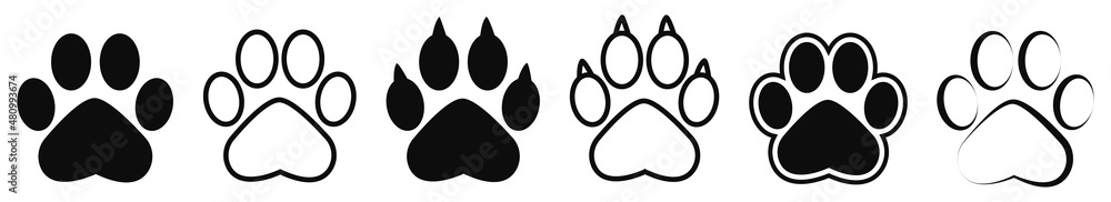 Set of animal paw print. Paw prints, icon. Vector paw. Dog, puppy, cat, bear, wolf. Legs. Foot prints. Set of animal paw print. Paw prints, icon. Vector paw. Dog, puppy, cat, bear, wolf. Legs. Foot prints.