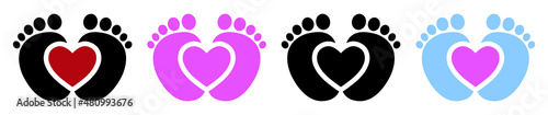 Set of baby footprints with heart, i love baby foot. Heart, baby foots. Baby feet icon. Vector.