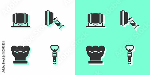 Set Bottle opener, Wooden barrel for wine, Chef hat and Wine tasting, degustation icon. Vector