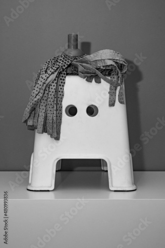 Escalón de plástico blanco con fregona encima con apariencia de perro. Fotografía conceptual en blanco y negro.