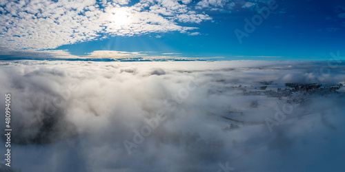 Fototapeta Naklejka Na Ścianę i Meble -  Drohne, Panorama, Alpen, Über den Wolken, Drohnenaufnahme, Luftaufnahme, Winter, Landschaft, Bayern