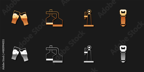 Set Glass of beer, Beer brewing process, tap and Bottle opener icon. Vector