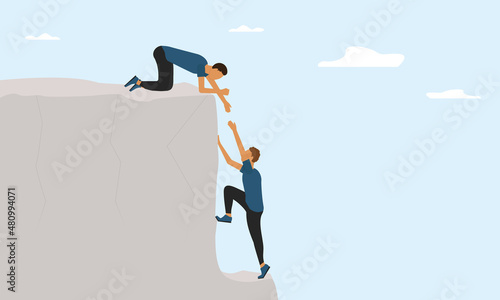 Man extends a helping hand to a friend on the edge of a cliff. Concept. Vector illustration.