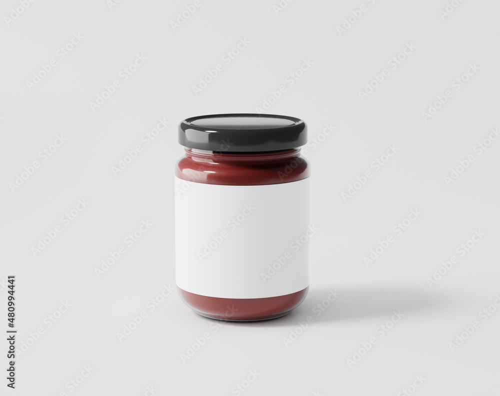Bottled jam on a white background, glass bottle with label Bottled jam on a white background, glass bottle with label