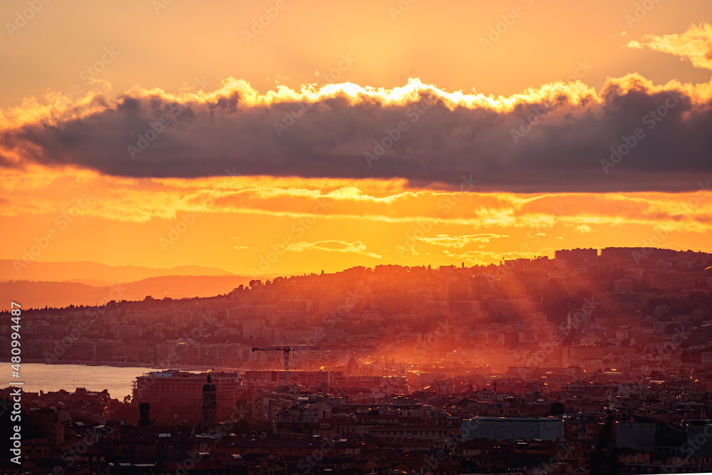 beautiful sunset over the city of Nice south of France