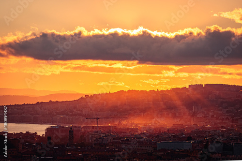beautiful sunset over the city of Nice south of France