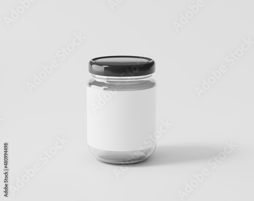 Bottled jam on a white background, glass bottle with label