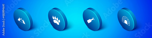 Set Isometric Mountains, Paddle, Igloo ice house and Bear paw footprint icon. Vector