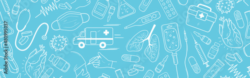Seamless vector banner with medical doodle elements. Pattern with vaccination, virus and flu treatment, pills, bottles, ambulance illustrations. Background with sketches of various hospital symbols