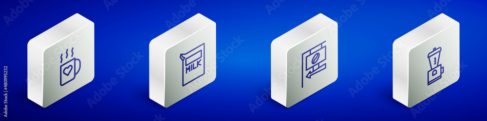 Set Isometric line Coffee cup and heart, Paper package for milk, Street signboard coffee and Electric grinder icon. Vector Set Isometric line Coffee cup and heart, Paper package for milk, Street signboard coffee and Electric grinder icon. Vector