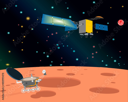 An image of an artificial satellite and a lunar rover in open space.
