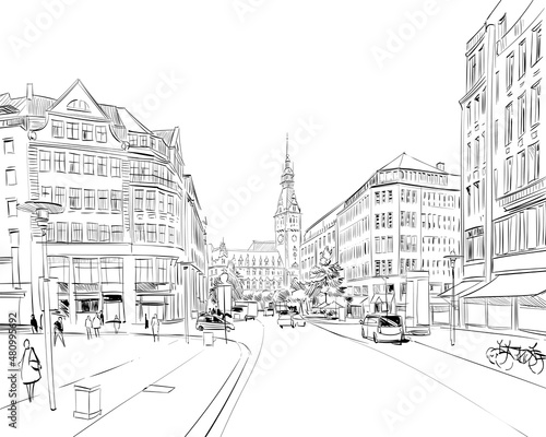 Hamburg Town Hall. Germany. Hand drawn sketch. Vector illustration. 