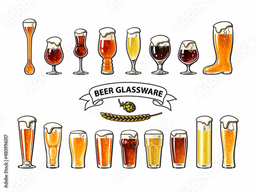 Big vintage set of different types of beer glasses. Beer glassware guide. Vector illustration isolated on white.