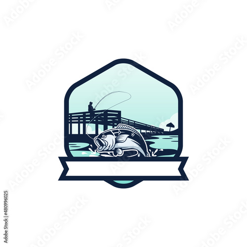 illustration of people fishing on the beach in a hexagon frame. fishing camp logo concept.
