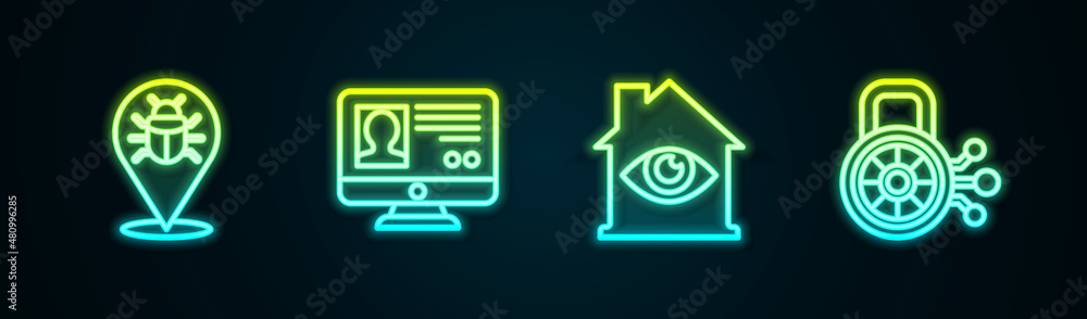 Set line System bug, Create account screen, House with eye scan and Cyber security. Glowing neon icon. Vector Set line System bug, Create account screen, House with eye scan and Cyber security. Glowing neon icon. Vector