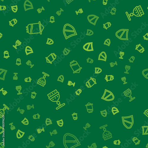 Set line Medieval flag, goblet and Shield on seamless pattern. Vector