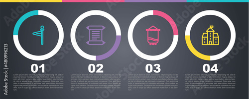 Set line Medieval flag, Decree, parchment, scroll, and Castle, fortress. Business infographic template. Vector