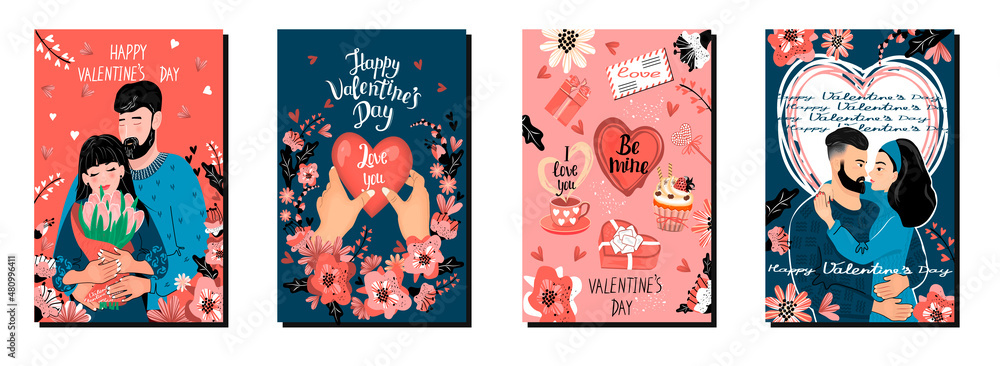 Fototapeta premium Collection of postcards about the love story of happy romantic couple.Hugging characters, stylish flowers,sweet gifts and hand lettered text.Hand drawn cute illustration for Valentines Day concept.