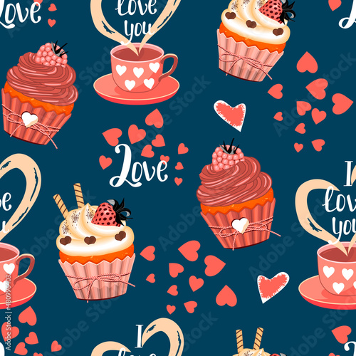 Seamless pattern with raspberry and strawberry cupcakes , cups with hearts and hand lettered text .Background and texture for printing on fabrics and paper. Hand drawn illustration for Valentines day.