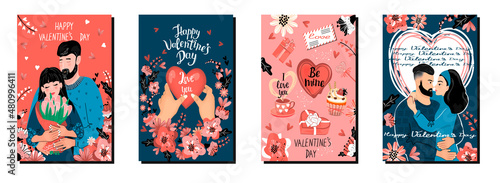 Collection of postcards about the love story of happy romantic couple.Hugging characters, stylish flowers,sweet gifts and hand lettered text.Hand drawn cute illustration for Valentines Day concept.