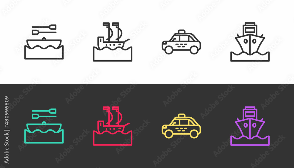 Set line Boat with oars, Sailboat, Taxi car and Cargo ship on black and white. Vector