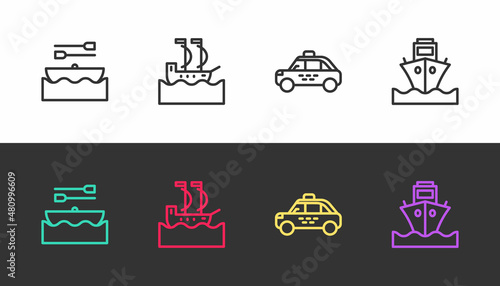 Set line Boat with oars, Sailboat, Taxi car and Cargo ship on black and white. Vector