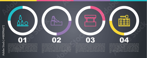 Set line Bottles ball, Water slide, Ticket box office and Arcade game machine. Business infographic template. Vector