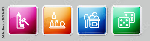 Set line Striker attraction with hammer, Bottles ball, Ice cream in bowl and Game dice. Colorful square button. Vector